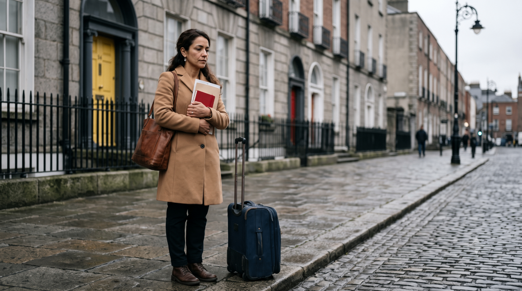 Profissional brasileira com documentos e mala em uma rua de Dublin